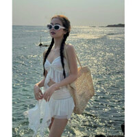 (T'achi) Set áo trắng cup ngực dây cột cổ kèm chân váy ngắn