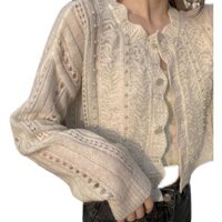 Tai Mùa Xuân Mỏng Phong Cách Cao Cấp Chống Nắng Mặc Rỗng Dệt Kim Cardigan Áo Khoác Thời Trang Ngắn Đính Hạt Cánh Hoa Áo Cardigan Bên Ngoài