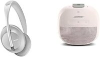 Tai nghe Bose 700 chống tiếng ồn, phiên bản màu Silver Luxe & Loa Micro Bluetooth SoundLink: Loa Bluetooth chống nước di động nhỏ gọn có micrô, màu khói trắng.