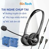 Tai nghe chụp tai có dây BINTECH, tai nghe có mic cho pc, laptop, điện thoại, Mic khử giảm tiếng ồn, âm thanh nổi