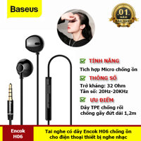 Tai Nghe Có Dây Mic Bass Âm Thanh Jack 3.5Mm Cho Điện ThoạiEncok H06 Samsung Xiaomi - Hàng Chính Hãng Baseus - Đen