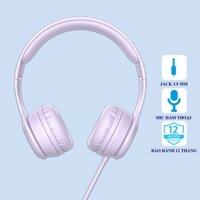 Tai nghe Hoco W21 tím kết nối jack 3.5mm, mút đệm hạn chế âm thanh phát ra, giảm đau tai, dây dài 1.2m