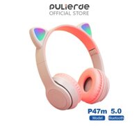 Tai nghe không dây Pulierde P47m Bluetooth 5.0 hiệu ứng đèn LED hình tai mèo dễ thương với mic