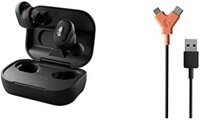 Tai nghe Skullcandy Grind & Line có dây USB-A đến C + Micro USB, tai nghe Bluetooth không dây chất lượng, tương thích với iPhone và Android, hỗ trợ hộp sạc và micrô, lý tưởng cho phòng tập thể dục và chơi game - màu Đen + Đen/Cam.