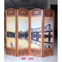 Tấm Bình phong gỗ sồi tranh vải Cầu Long Biên