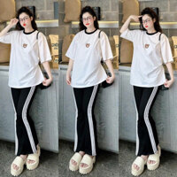 tăm lạnh quần ống loe áo fom rộng in hình mặt gấu