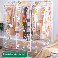 Tấm nhựa PEVA trong suốt in họa tiết HOA trùm, che phủ giá, khung sào treo đồ, chống bụi, chống thấm nước có khóa kéo