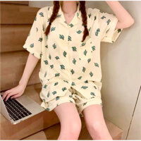 [Tặng 1 kẹp gấp Acrylic]- Bộ ngủ Pijama Catus màu vàng nhẹ nhàng, chất vải mịn mát lắm ạ🎀
