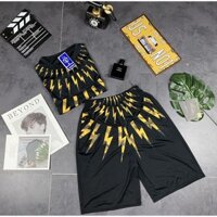 (Tặng 1 vòng phong thủy) Bộ đồ nam cotton in hình tia sét viền cổ cá tính - BN01