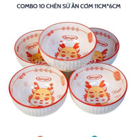 [TẶNG 2 MUỖNG SỨ] Set 10 chén sứ họa tiết chú rồng dễ thương-Ngang 11cm, cao 6cm