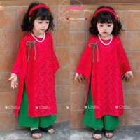 (TẶNG BỜM) Áo dài bé gái ChiBu gấm hoa đỏ đính nơ xanh mềm mịn cao cấp cho bé 10_40kg