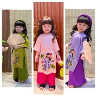 [Tặng cài] Mẫu áo dài tết vải đũi kèm quần xinh xắn, mềm mại cho bé gái diện tết năm 2024