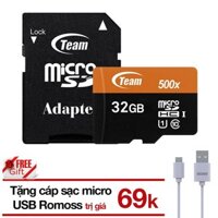 (Tặng cáp) Thẻ nhớ 32GB microSDHC 80MB/s 500x Team C10 Adapter (Đen cam) tặng Cáp micro USB tròn Romoss - Chính hãng