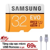 (Tặng cáp) Thẻ nhớ 32GB Samsung up to 95MB/s EVO microSDHC Tốc độ cao (Cam) tặng Cáp micro USB tròn Romoss - Chính hãng