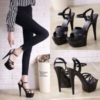 [Tăng Chiều Cao 15cm] Giày Sandal Gót Cao Đen Mô Hình Gợi Cảm Sàn Catwalk Giày Cao Gót Flat Buckle Dây Đeo Giày Cao Gót