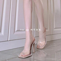 Tăng Chiều Cao 9cm ~ Dép 2025 Phong Cách Mới Màu Khỏa Thân Trong Suốt Dép Mở Mũi Nữ Phong Cách Mùa Hè Stiletto Gót Đế Bằng Dây Giày Cao Gót