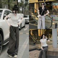 (Tặng dây buộc tóc) Set Bộ Áo Cổ V Thêu Tim Co Dãn 4 Chiều Mix Quần Dài Ống Rộng Hoạ Tiết Xinh Xm Phuong Son- Ms67