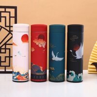 [Tặng đế lót ly] Bình Giữ Nhiệt Hiển Thị Nhiệt Độ 500ml Phong Cách Cổ Trang, Bình Đựng Nước Inox In Họa Tiết Sang trọng