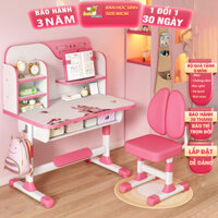 (Tặng đèn học + Giá đỡ ngực) Bộ bàn học cho bé tiểu học c05 tăng giảm chiều cao, kệ sách, đệm mông