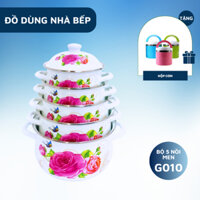 [TẶNG HỢP CƠM] Bộ 5 Nồi Tráng Men Cao Cấp Galen G010 Không Gỉ Không Bong Tróc