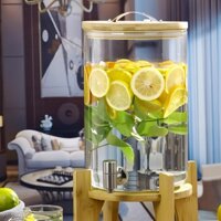 |TẶNG KỆ GỖ| Bình Nước Thủy Tinh Chịu Nhiệt - Dung Tích 8L - Vòi INOX 304 Chống Tắc - Nắp Tre Đệm Silicon Kín