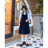 [tặng kèm dây côt tóc] Set Váy Yếm Kaki Kèm Áo Phông Sẵn Hàng ✨