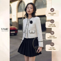 [TẶNG KÈM HOA CÀI] Áo khoác dạ dài tay màu trắng kem phối viền dây tết đen YAME YAK527
