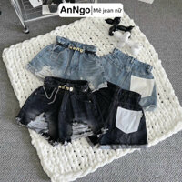 (Tặng kèm thắt lưng 35k) Quần short jean nữ cạp chun co giãn, lưng cao rách gối, túi sau cách điệu Anngo - AT333