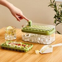 [Tặng Kèm Thìa Xúc] Khay Làm Đá 2 Tầng 64 Viên Có Nắp Đậy Chống Ám Mùi Dạng Nhấn Nút Tiện Dụng cho Tủ Lạnh,