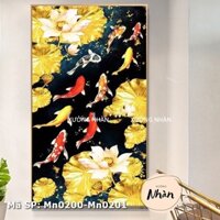 [Tặng kéo] Tranh thêu kín Cửu ngư quần hội - cá và hoa sen vàng - nền đen - KT 60x110cm - mã MN0200 chưa thêu
