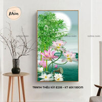 [Tặng kéo] Tranh thêu kín hoa sen hồng - KT 60x100cm - tranh chưa thêu E235