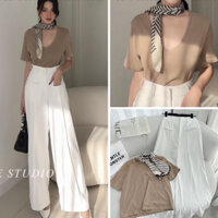 Tặng khăn lụa SET Áo thun nâu cổ tim kèm Quần tây trắng dài ống rộng NÀNG CLOSET