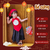 (TẶNG KHĂN MỎ QUẠ) SET YẾM TRUNG THU/TẾT HỌA TIẾT 3D VÁY LỤA CHO BÉ GÁI TỪ 8-20KG