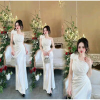 (Tặng lúp voan) Đầm dự tiệc dạ hội váy trắng lụa lệch vai hoa đính ngọc xẻ đùi sang trọng