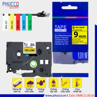 [Tặng máy in] Giấy in nhãn - Nhãn in BZe-621 (TZe-621, TZ2-621, HZe) 9mm x 8m, chữ đen nền vàng