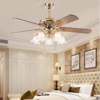 (Tặng Móc Treo,Bóng Đèn) Quạt trần đèn chùm 5 cánh gỗ cổ điển cho phòng khách sang trọng,remote 6 tốc độ mát,Bh 5 năm
