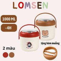 (Tặng muỗng) Hộp Đựng Cơm Giữ Nhiệt Lomsen Văn Phòng Túi Đựng Đồ Ăn, Cặp Lồng Inox Cà Mên 2 Ngăn 1L Kèm Thìa nhựa LS