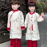 (Tặng Ngọc Bội) Sét Áo Dài Phối Quần Xuông Lụa, Áo Dài Đôi Bé Trai Bé Gái Mẫu Mới 2025, Áo Dài May Mắn- Vani Kids