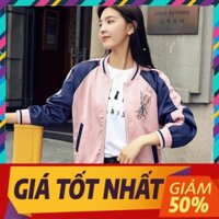 TẶNG NÓN- Áo khoác dù Bomber dây kéo  thêu hoa anh đào, form Hàn Quốc unisex cho nam nữ- KD14 .