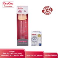 [Tặng nước rửa bình 250ml] Combo bình sữa thủy tinh G-240ml + 1 núm ty silicon siêu mềm freesize Chuchu Baby chính