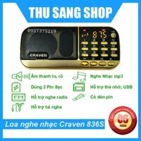 [Tặng Sạc] Loa nghe nhạc mini Craven CR-836S, 836S Nghe Nhạc Thẻ Nhớ, USB, FM Có Đèn PIN, Cắm Tai Nghe