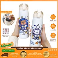 (Tặng sticker) - Bình Đựng Nước Giữ Nhiệt 500ML Inox 304 Hình Gấu & Thỏ Dễ Thương - Kèm Ống Hút Tiện Lợi