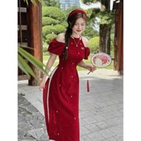 [tặng thun tóc] áo dài cách tân màu đỏ chụp hình Tết tay vai cách điệu kèm quần lụa trắng D1300