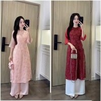 [Tặng thun tóc] áo dài cách tân cổ tròn hai màu áo dài đỏ, hồng vải đẹp xịn áo dài Tết xinh D160