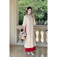 [tặng thun tóc] áo dài cách tân quần đỏ áo kem cột nơ đính nút áo dài chụp hình Tết siêu đẹp DAS14