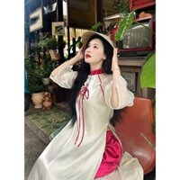 [tặng thun tóc] áo dài cách tân màu đỏ, hồng, kem dây cột nơ tay lỡ kiểu áo dài Tết xinh 145RED
