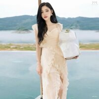 [tặng thun tóc] đầm maxi voan bèo hai lớp cánh tiên màu trắng có lót trong và mút ngực TB1V