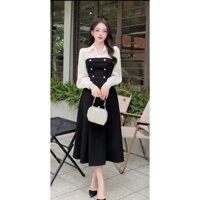 [tặng thun tóc] đầm tiểu thư dài xòe phối tay voan nút đồng size M L kiểu đầm dự tiệc sang trọng 158LJ