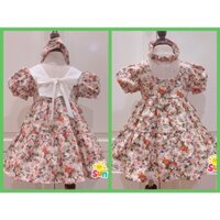 Tặng turban, váy cộc tay cho bé gái từ 4 đến 25kg, vải thô hoa mềm mát/ VÁY HOA CỔ THUYỀN