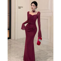 (Taoba0)video thật-  Đầm váy đi tiệc ôm dáng đuôi cá dài bling, quyến rũ, trễ vai tay dài ,thiết kế đính hoa kèm dây cổ